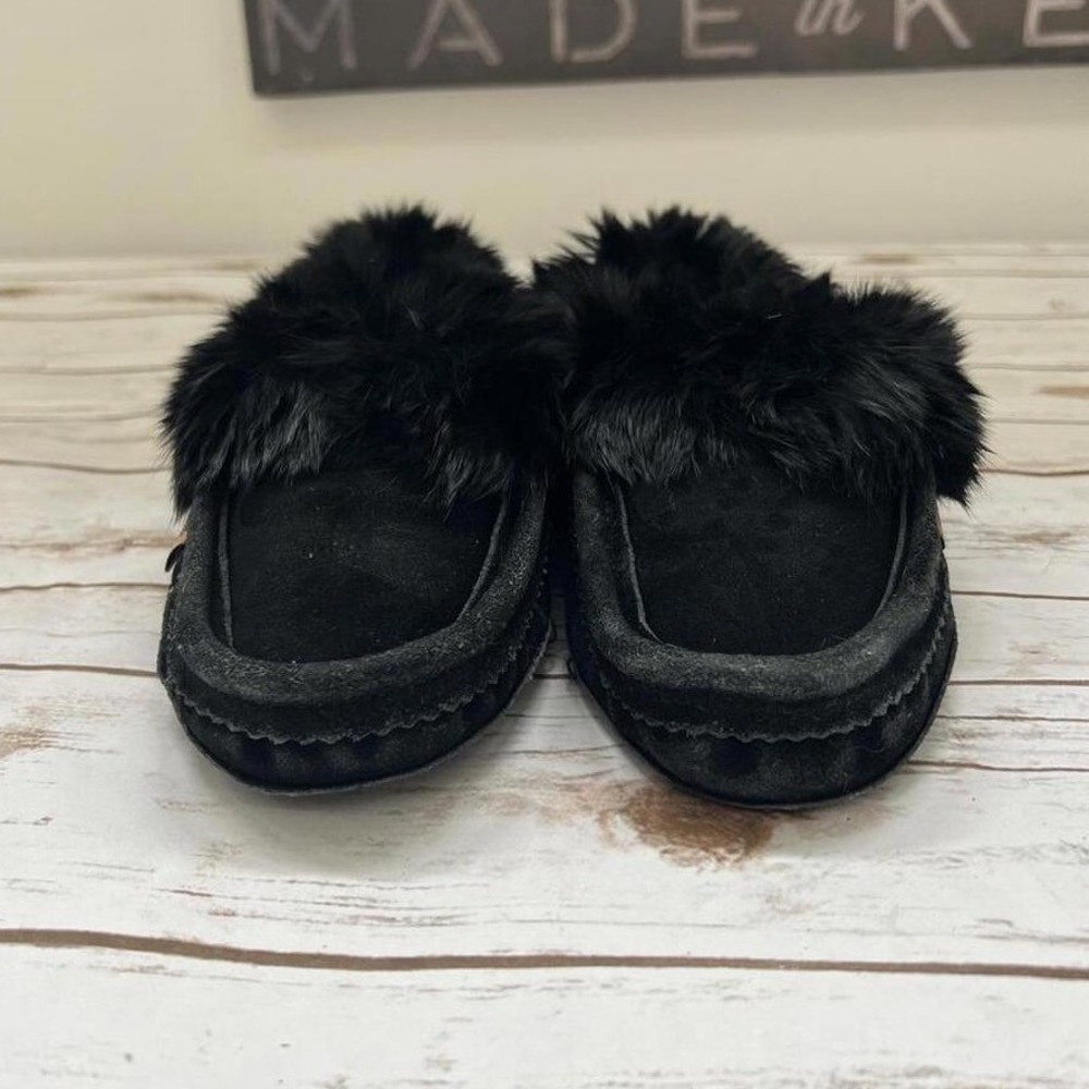 Laurentian Chief Moccasin Black Suede Rabbit Fur Trim Slippers Size 11 Outsole